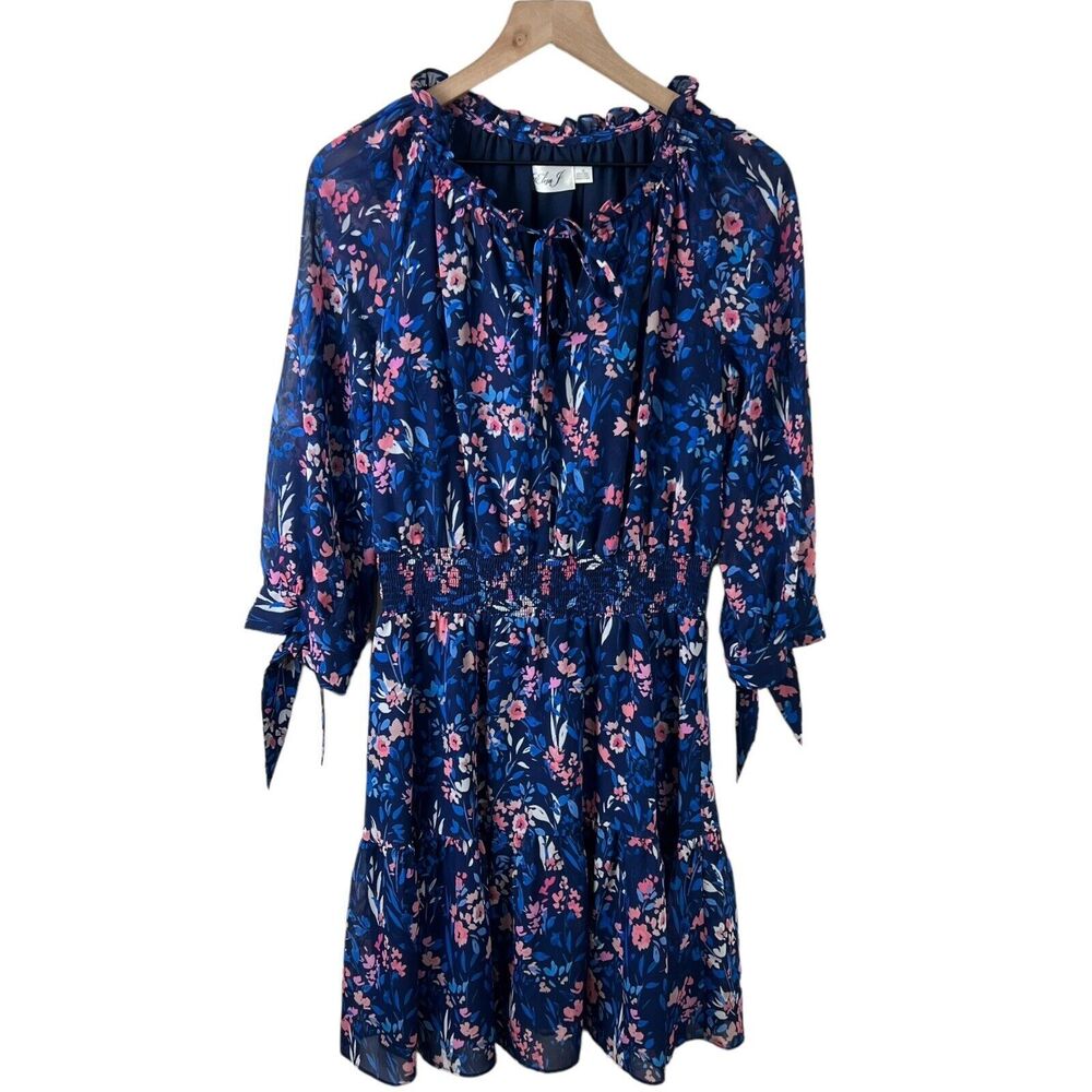 Eliza‎ J Womens Blue Floral Smocked Waist Sheer 3/4 Sleeve Chiffon Dress 10